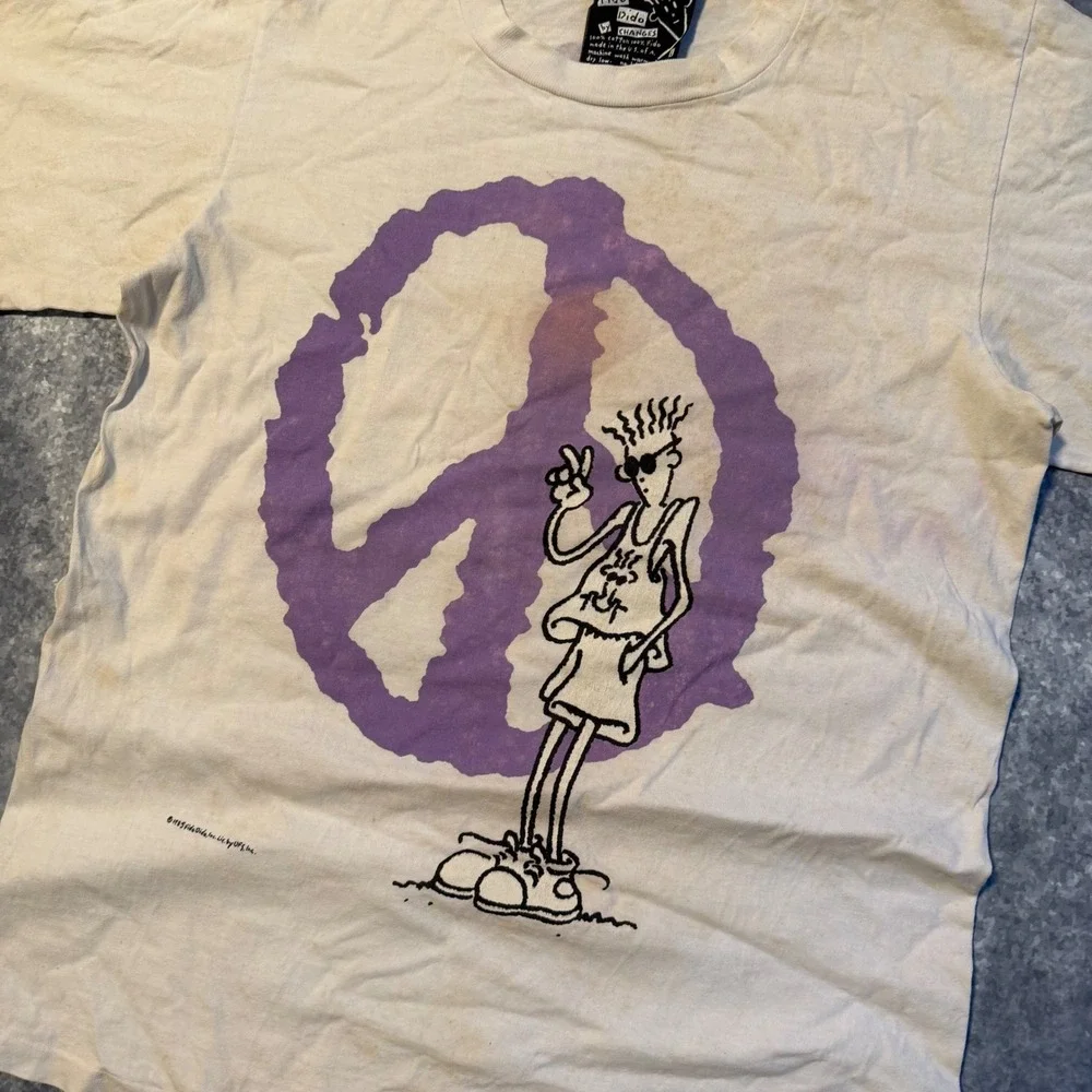 Vintage 1985 Fido Dido Peace of Mind T-Shirt Changes Tag Mens Large Cream Purple